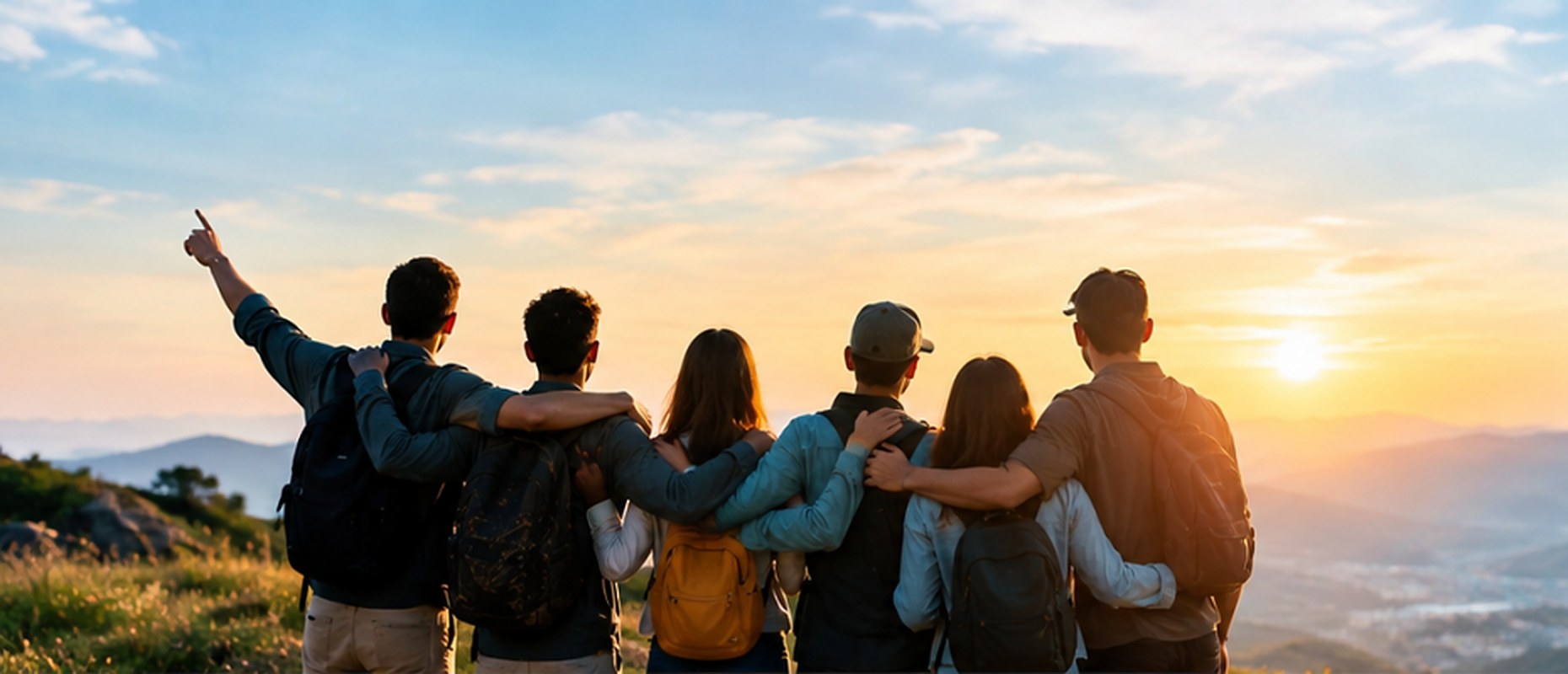 Six friends standing arm in arm on a hilltop at sunrise