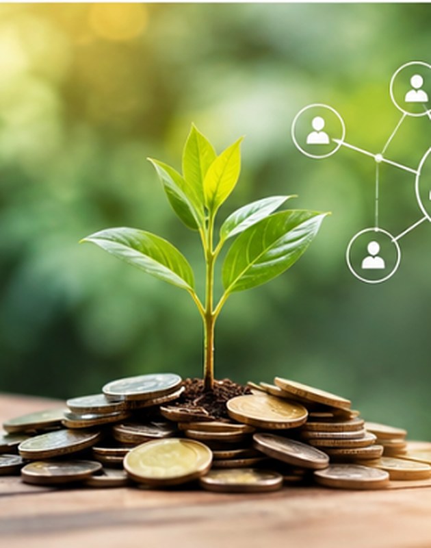 A young green plant growing with connected people icons